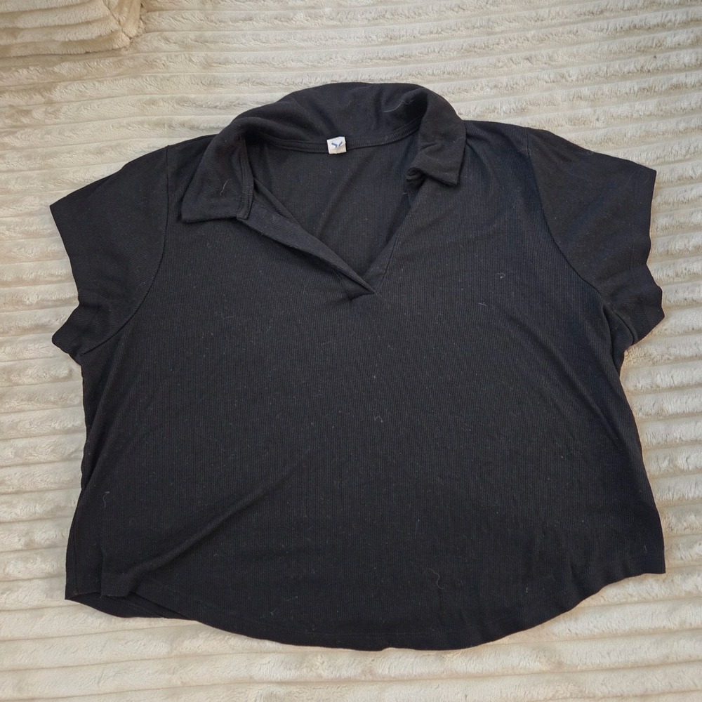 Old Navy Womens Top 2X Black Short Sleeve Rib Knit Open Neck Polo Collar Plus
